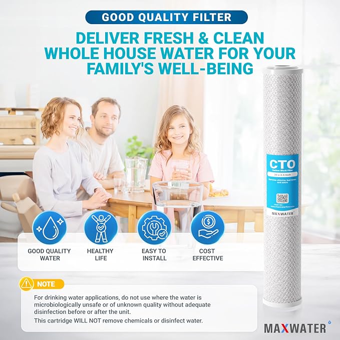 Max Water 20" x 2.5" CTO Carbon Block Water Filter, 5 Micron - Whole House Slim BB Replacement Cartridge Compatible With HX-CB-25-2010, C1-20, CB-25-2005, 155597-43 (4 Pack)