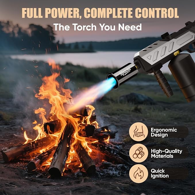 KOACKL Heavy-Duty Propane Torch Gun - 25.8" Detachable Flame Thrower Gun with Piezo Ignition, Adjustable 2462°F Weed Torch Burner for Campfire, Ice Melting, Roofing, Wood Scorching & Weed Burning