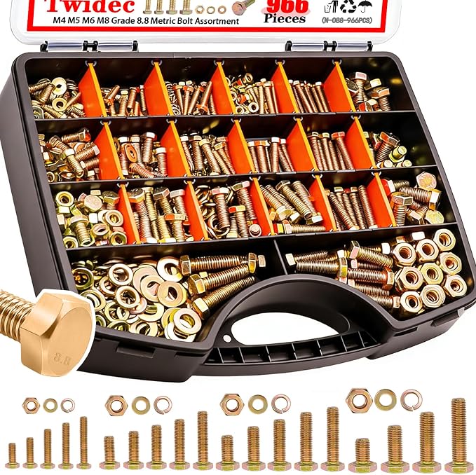 Twidec/966PCS Metric Bolt Assortment,Grade 8.8 Hex Head Bolts and Nuts Assortment Kit, M4/M5/M6/M8(12-30mm)Heavy Duty Nuts and Bolts Kit, Flat & Spring Lock Washer Gold Zinc Plating With Storage Case