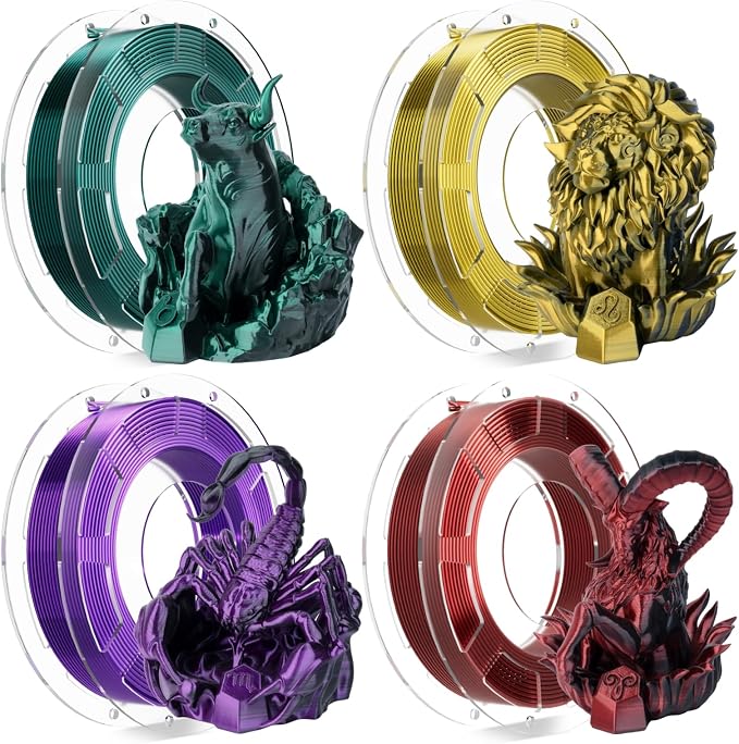 Chitu Systems Conjure Silk PLA 3D Printer Filament, 1.75mm Dual Color Filament, Silk Black Red+Gold+Purple+Dark Green 4x200g/1.8lb