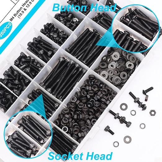 1260Pcs M4 Screw Kit, M4x6/8/12/16/20/25/30/40mm Metric Screws Bolts and Nuts Kit, 10.9 & 12.9 Grade Alloy Steel Button Head and Socket Head Screws, Metric Bolts for 3D Printing