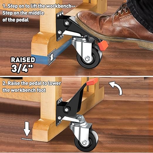 SPACEKEEPER Workbench Casters kit 920 Lbs Retractable Casters Heavy Duty Bench Caster Wheels Side Mounted Retractable Workbench Wheels Designed for Workbenches Machinery & Tables, 4 Pack