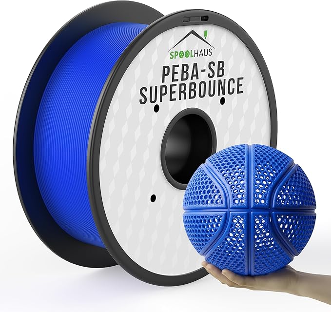 PEBA Filament 1.75mm Full 1kg SpoolHaus Super Bounce | High Rebound Flexible Filament | The Super TPU 78% Energy Return | Bouncy Airless Basketball 3D Printer Filament Lightweight Blue 1kg