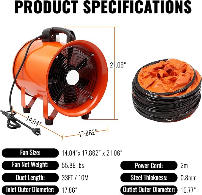 dreamdragon Upgraded 16-Inch Utility Blower Fan, Portable Industrial Exhaust Fan with 33ft Flexible Duct Hose, 3300 RPM Low-Noise Ventilator for Workshops Warehouses and Basements