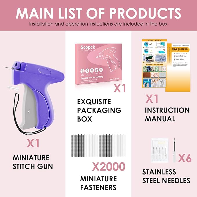 Stitch Gun for Clothes - Handheld Stitch Gun Quick Clothing Fixer - Tagging Gun - Includes 6 Needle, 1000 Black Fasteners & 1000 White Fasteners