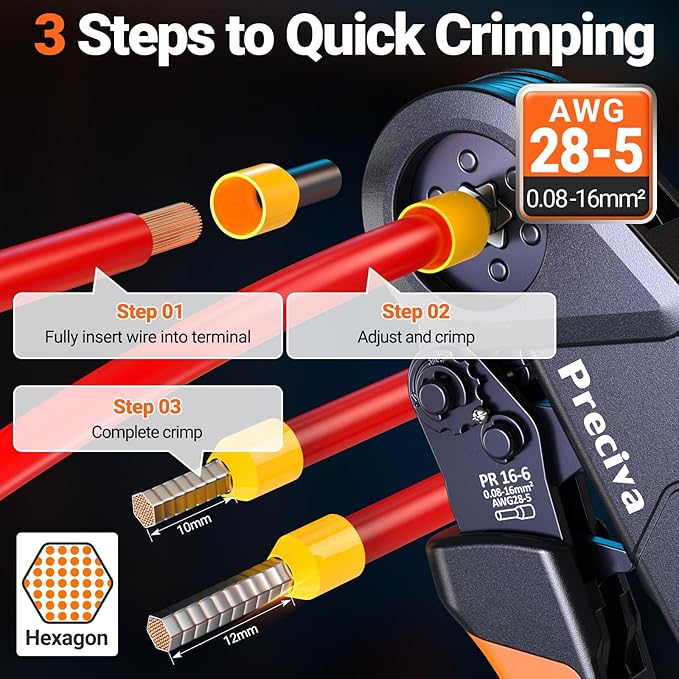 Preciva Ferrule Crimping Tool Kit with Wire Stripper, Hexagonal Ferrule Crimper AWG 28-5（0.08-16mm²） Self-Adjustable Ratchet Ferrule Terminals Crimping Tool with 1660Pcs Ferrules Connectors
