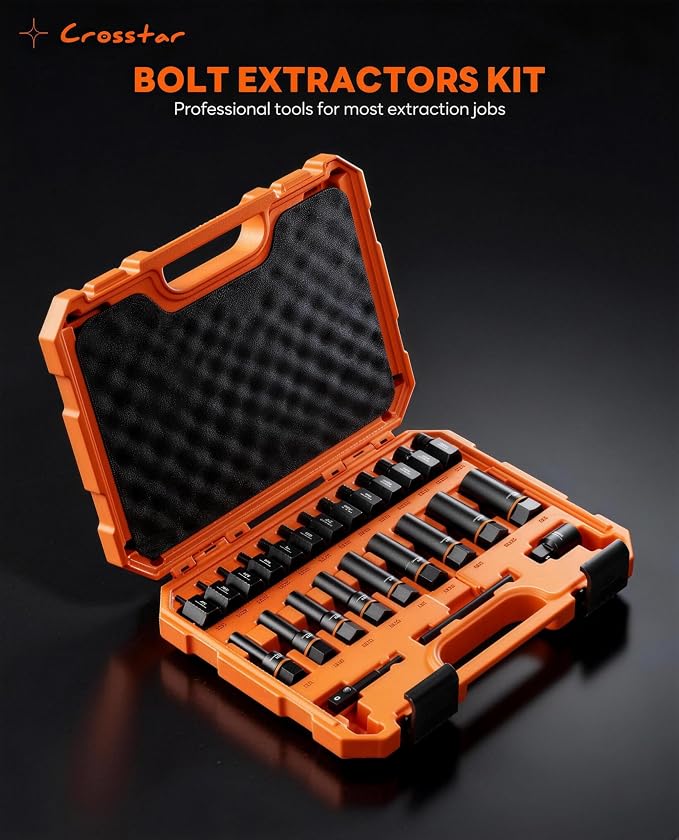 Crosstar 25PCS Bolt Extractor Kit, 3/8" Drive Screw & Nut Remover Set, Deep Socket for Stripped, Rusted, Broken Bolts, Includes Adapter, Extension Bar, Knockout Pin