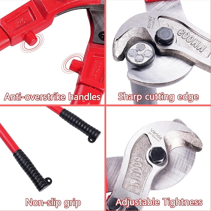 Verida Cable Cutters 36 inch, Heavy-Duty Large Cable Cutter, Chrome vanadium steel, Hardness 62 HRC, Suitable for cutting thick copper and aluminum core cables, Red