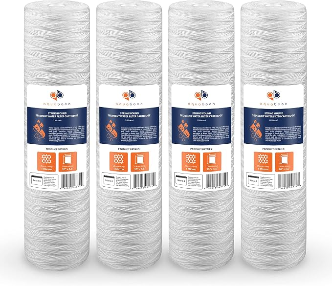 Aquaboon 1 Micron Whole House 20" x 4.5" String Wound Water Filter Replacement Cartridge for Well Water Compatible with SWC-25-2005, P5-20, 4-Pack