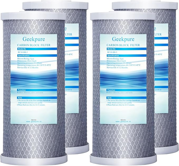 Geekpure 10 Inch Whole House Carbon Block Water Filter Reduce Chlorine Taste Odors- 4.5 Inch x 10 Inch -5 Micron-Pack of 4