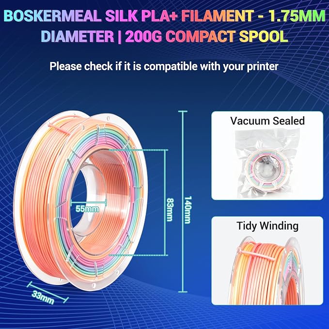 8Pcs Multicolor PLA+ 3D Printer Filament Bundle - 1.75mm Silk Rainbow Filament, Fit Most FDM 3D Printers, 200g Bundle, Individually Vacuum Packed