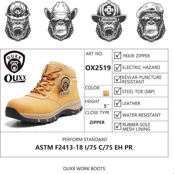 5" Waterproof Steel Toe Work Boots for Men, Safety Shoes with Side Zipper, ASTM F2413-18 Certified, Puncture-Proof Kevlar Midsole, Oil & Slip Resistant Rubber Sole, Construction Safety Boots(OX2518)