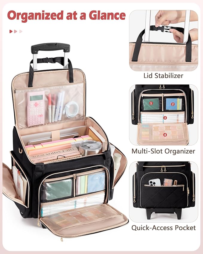 Marscamd Rolling Teacher Bag with 15.6" Laptop Compartment, Wheeled Work Briefcase Tote with Detachable Trolley for Women, Black
