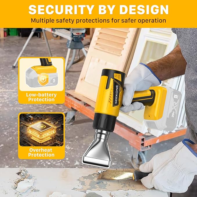 SEEKONE Cordless Heat Gun with LCD Variable Temperature Control 122℉-1112℉, Compatible with Dewalt 20V Battery, Hot Air Gun with Memory Function and 3 Nozzles for Crafting, Vinyl Wrap and 3D Printing