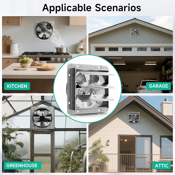 12" Shutter Exhaust Fan - Heavy Duty AC Motor, 1470 CFM Airflow | Industrial AC roller motor fan for 24/7 use. Heavy-duty steel blades. Rust-resistant. Independent power switch. 10-year life.