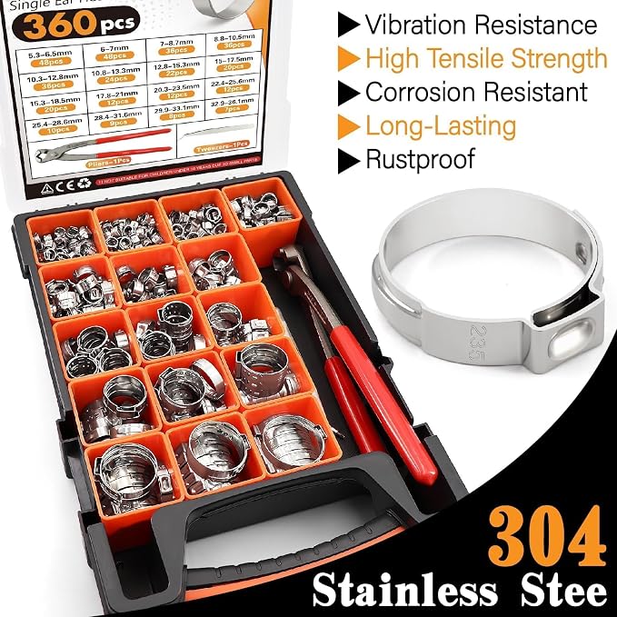 360Pcs Single Ear Hose Clamps Kit,Stepless 5.3-36.1mm 304 Stainless Steel Hose Repair Clamp Cinch Rings,Ear Clamp Pliers Tool with Portable Toolbox for Automotive Fuel Line Plumbing PEX DIY