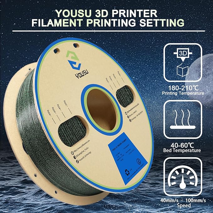 YOUSU 3D Printer Filament PLA Filament 1.75mm Black Filament with Glow in The Dark Green Starry Sky 1kg(2.2lbs).