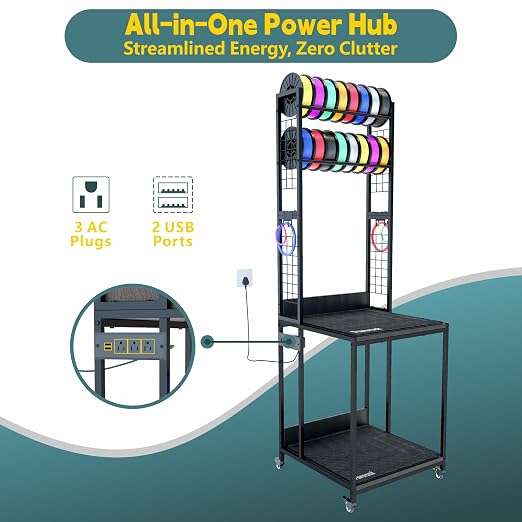 Heavy Duty PRT22 3D Printer Stand with Power Hub, High Density Polymer Vibration Damping Pads, Elevated Storage & Locking Wheels for Most Large Printers