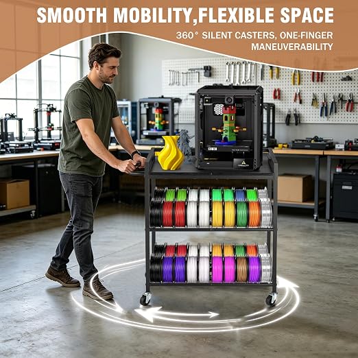 3D Printer Stand with Filament Storage, 3-Tier 3D Printer Desk Table Black | Wood Shelves, Wheels and Foot Pads, Compact Printer Shelf for Small to Medium Printers, Tools, PLA and Resin Storage
