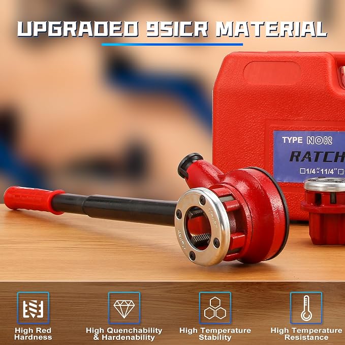 Pipe Threader Ratchet Kit， Manual Ratcheting Pipe Threading Tool Set with 6 NPT Dies (1/4" 3/8" 1/2" 3/4" 1" 1-1/4"),Portable Pipe Threading Tool Set for Galvanized Aluminum Iron Copper Pipes