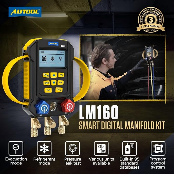 AUTOOL AC Manifold Gauge Set, Incl. 2X Pipe Clamp Thermometer, 1x Digital HVAC Gauge, Set of 3 Hoses – AC Gauge Set, with Evacuation Mode, Refrigerant Mode and Pressure Leak Test