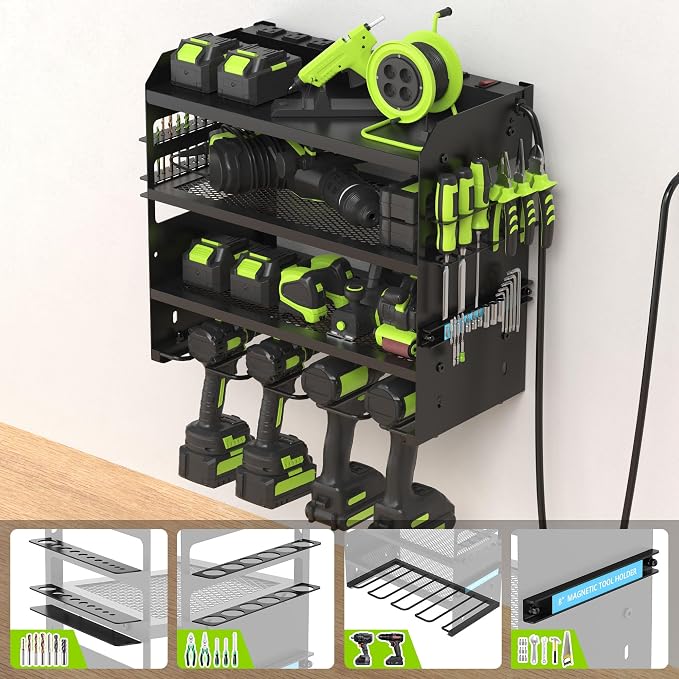 HUPBIPY Modular Power Tool Organizer Wall Mount Drill Holder Garage Shelf | 4 Layer Heavy Duty Rack with Charging Station Drill Holders and Magnetic Tool Holder Strip Tool Battery Holder Gift for Men