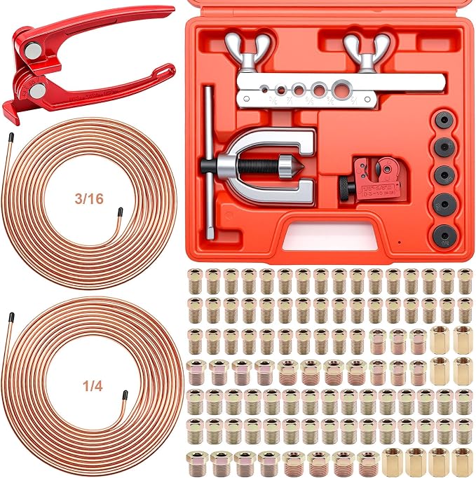 3/16Inch + 1/4 Inch Brake Line Repair Kit, 2 Set 25FT 3/16 1/4 Brake Line with 102Pcs Fittings (Includes 8 Unions) and Double & Single Brake Line Flaring Tool Kit & Brake Line Bender(Gold)