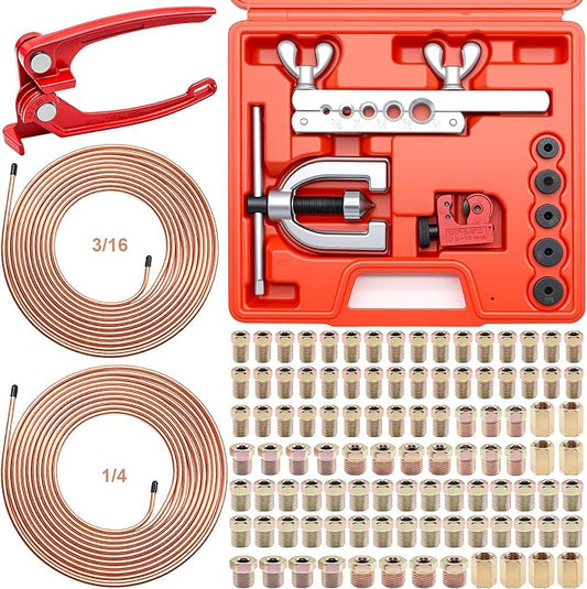 3/16Inch + 1/4 Inch Brake Line Repair Kit, 2 Set 25FT 3/16 1/4 Brake Line with 102Pcs Fittings (Includes 8 Unions) and Double & Single Brake Line Flaring Tool Kit & Brake Line Bender(Gold)