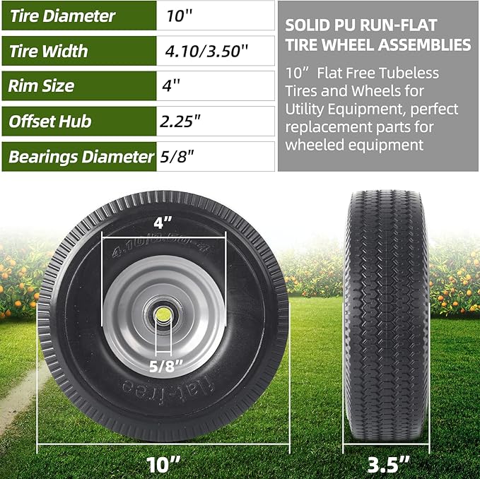 AR-PRO (2-Pack) 10-Inch Solid Wheel Replacement - 4.10/3.50-4 Flat Free Tire and Wheel with 5/8 extra 3/4 &1/2 Bearings and 2.25" Offset Hub - Compatible with Hand Truck, Generator, Gorilla Carts