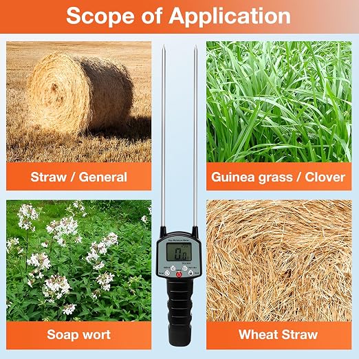 Hay Moisture Tester, Portable Precise Hay Moisture Meter, Hay Forage Bale Moisture Tester with Dual Probe, Automatic Temperature Compensation for Alfalfa, Forage, Orchard Grass, Bales