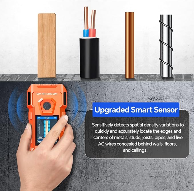NOYAFA Rechargeable Stud Finder Wall Scanner, 6 in 1 Electronic Wall Detector | Positioning Hole HD LCD Display, Audio Alarm, Accurately Detects Wood, Metal Studs, Live AC Wires, Joists and Pipes