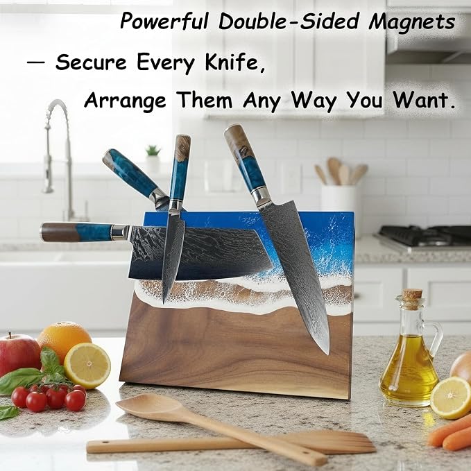 Magnetic Knife Holder Stand Acacia Wood Resin Knives Block Holder with Unique Ocean Wave Resin Design & Dish Holder for up to 9″ Knives Kitchen Storage Solution Chef Gift (Without Knives)