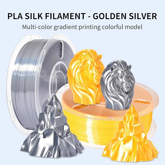 RAMBERY Silk Gold Silver PLA Filament Bundle, Metal-Like Shiny Silk PLA Filament 1.75mm, 3D Printer Filament Dimensional Accuracy +/-0.02mm, 1kg Spool, 4 Packs（Golden,Silver