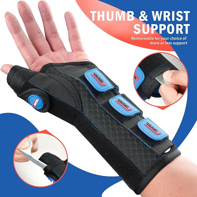 FEATOL Carpal Tunnel Wrist Brace Night Support, Thumb Spica Splint Right Hand for De Quervains Tenosynovitis, Tendonitis, Thumb Brace for Women Men, Black Blue, Medium/Large