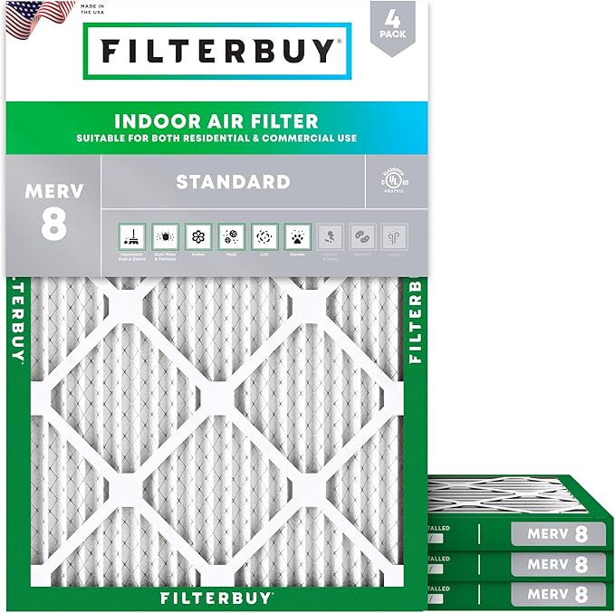 Filterbuy 30x36x1 Air Filter MERV 8 Essential Dust & Allergy Defense (4-Pack), Electrostatic Pleated HVAC AC Furnace Filters Replacement, Made in USA (Actual Size: 29.81 x 35.81 x 0.75)