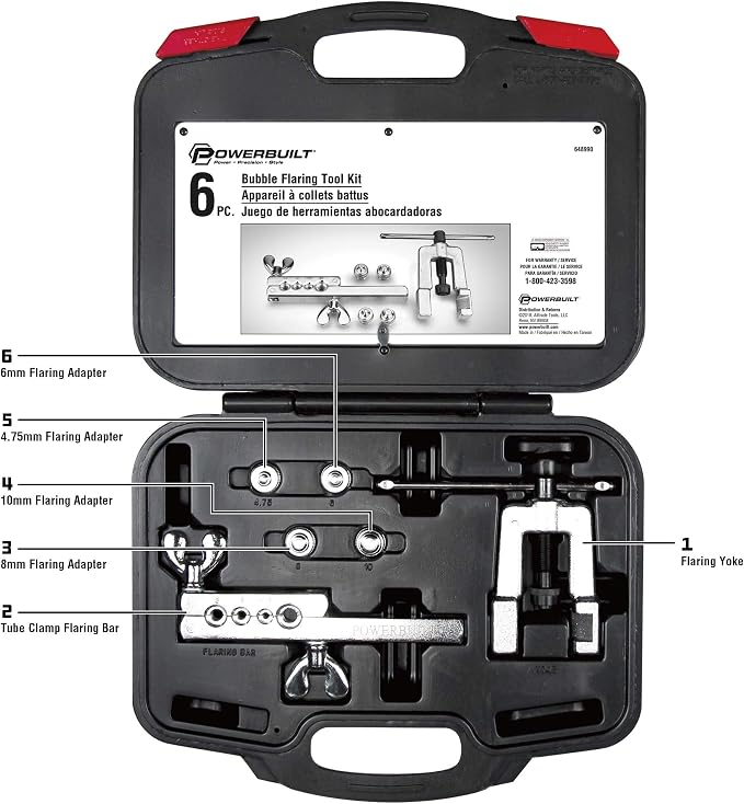 Powerbuilt ISO Bubble Flaring Tool Set for Hydraulic Brake Lines, 6 Piece Car Service Kit, Yoke, T-Handle, Adapters, Storage Case - 648990