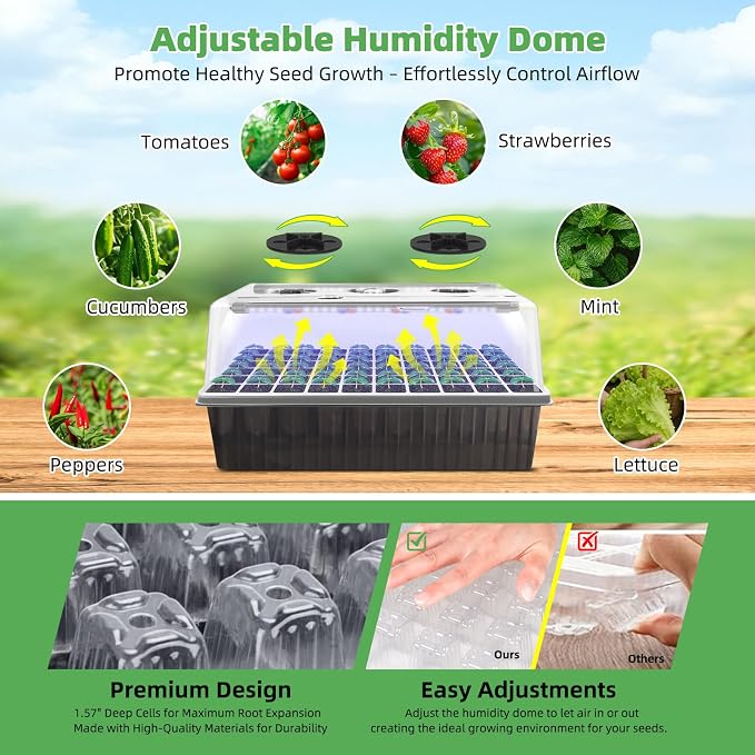 Seed Starting Tray - 60-Cell Self-Watering Tray, Seed Starter Kit LED Grow Light, Timer, Humidity Dome, pH Meter for Plant Germination, Vegetables, Herbs, Flowers