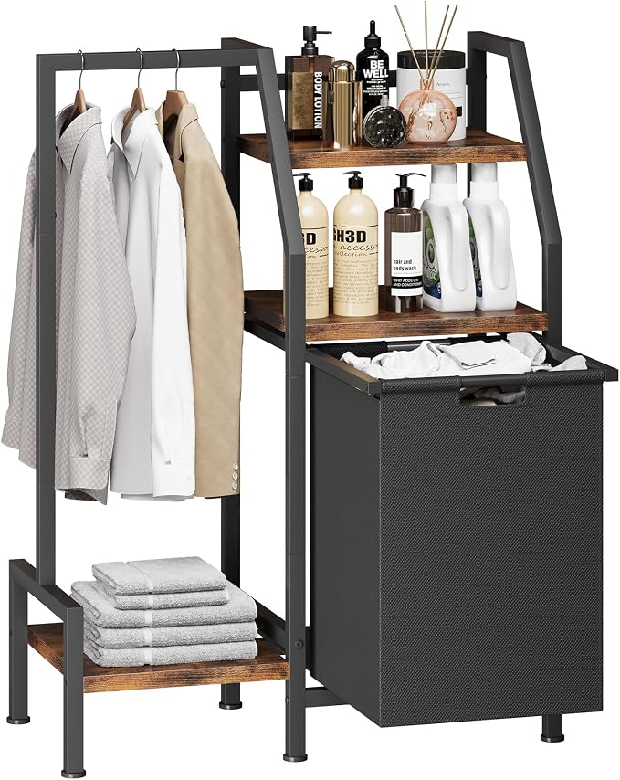 Laundry Hamper with Hanging Rack and 3 Shelves, Large Laundry Storage Basket, 3-in-1 Vertical Laundry Sorter, Laundry Room Organizer Storage for Small Spaces
