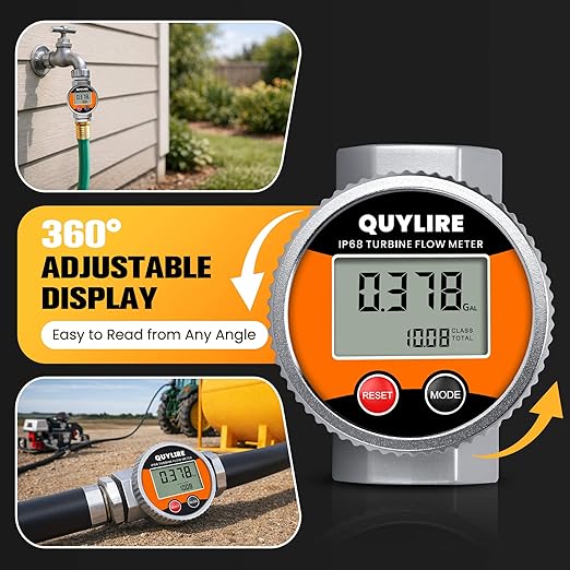 Waterproof 1 Inch Fuel Flow Meter with 3/4" NPT Adapter, 2-26 GPM Digital Inline Flowmeter for Hot/Cold Water, Diesel, Gasoline, Oil & Liquids, Supports Gallon, Liter, GPM, LPM, m³, QTS, PTS