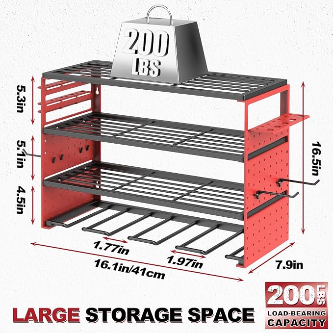 Power Tool Organizer Wall Mount, Cordless Drill Hanger Storage Rack 8 Drill Holder, 4 Layer Heavy Metal Large Capacity Tool Rack for Garage Organization (Red, 4 Drills Holder)