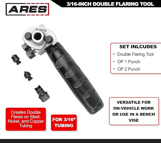 ARES 18025-3/16-Inch Double Flaring Tool - Includes Flaring Tool and Op1/Op2 Punch - Creates Double Flares on 3/16-Inch Steel, Nickel & Copper Tubing