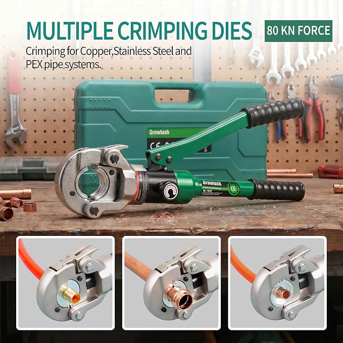 Copper Pipe press Tool with 1/2",3/4",1" Dies for Copper Pipe and F877 Stainless PEX Press Sleeves, 3/8",1/2",5/8",3/4",1" Dies for ASTM F1807 Pex Pipe Copper Ring Pipe Fittings Crimping Tool