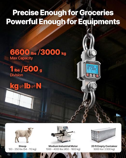 VEVOR Digital Crane Scale, 6600 lbs/3000 kg Max Capacity, Heavy Duty Industrial Hanging Scale with Cast Aluminum Case & LCD Display, 1 lbs Division & 3 Unit Switch, Remote Control for Garage Factory