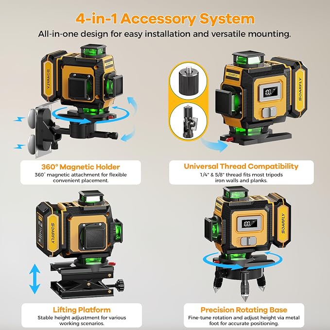 SOARFLY Laser Level with Tripod, 4x360° Self-Leveling Green Beam 4D Laser Level, Dual 4000mAh Lithium Batteries, Laser Level kit for Tile Installation, Framing, Picture Hanging & Home Renovation