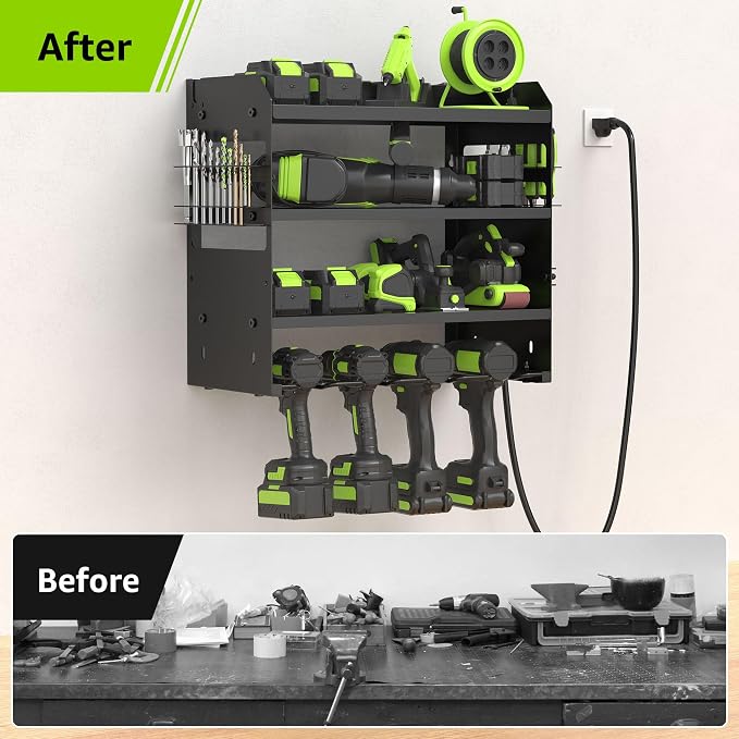 HUPBIPY Modular Power Tool Organizer Wall Mount Drill Holder Garage Shelf | 4 Layer Heavy Duty Rack with Charging Station Drill Holders and Magnetic Tool Holder Strip Tool Battery Holder Gift for Men