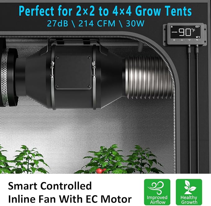 Toolazy 4 Inch Inline Duct Fan with WiFi App Control, 214 CFM Quiet EC Motor Ventilation Fan with Temperature Humidity Sensor, Smart Exhaust Fan for Grow Tent, Hydroponics, HVAC, 3D Printer