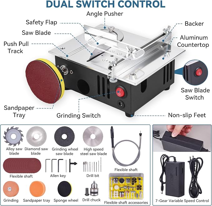 Mini Table Saw for Crafts, Dual Motors & Switches, 7 Levels & Height Adjustable Table Saw with 135PCS Accessories for Men and Women's Cutting, Grinding, Engraving and Drilling