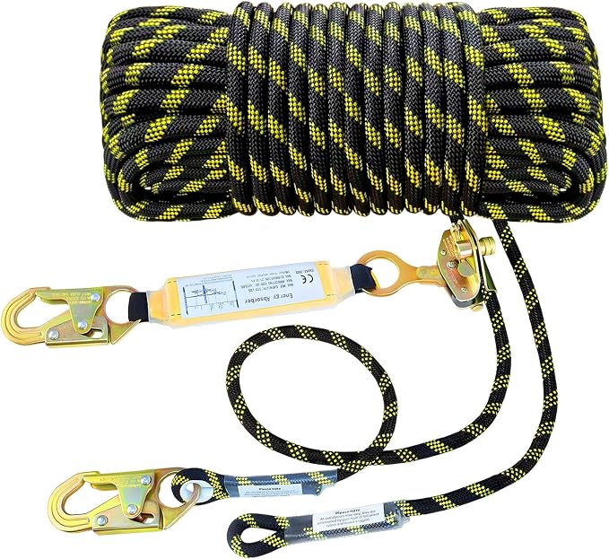 25FT Heavy Duty Fall Protection Safety Rope, Vertical Lifeline Assembly with Shock Absorber & Grab Snap Hooks, Rope Harness Safety Lanyard for Tree Climbing Roofing Safety