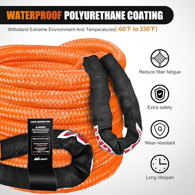 Nilight Kinetic Recovery Rope 48000 LBS 1-1/8in x 30ft Snatch Strap Heavy Duty Offroad Towing Starp Kit Vehicle Recovery kit for UTV ATV SUV Truck Car Jeep Tractor
