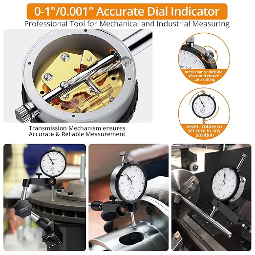 Neoteck Dial Indicator 0-1”/0.001” with 90lbs/40kg Magnetic Base,Imperial Dial Test Indicator Gauge Set for Lathe,3D Printer,CNC,Automobile,Laboratory